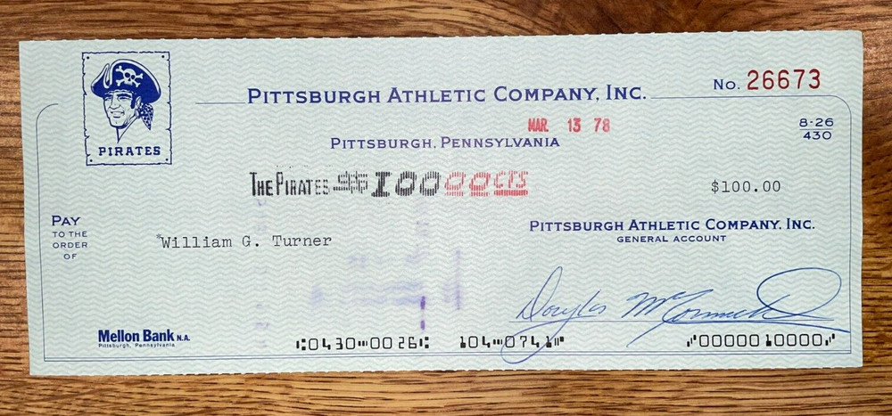 1978 Pittsburgh Pirates: Expense Check: William G. Turner