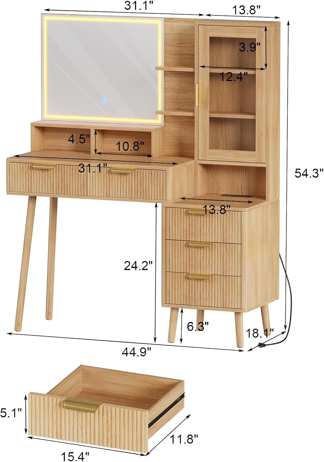 Vanity Desk with Lighted Mirror & USB,Fluted Makeup Table with 5 Drawers Storage