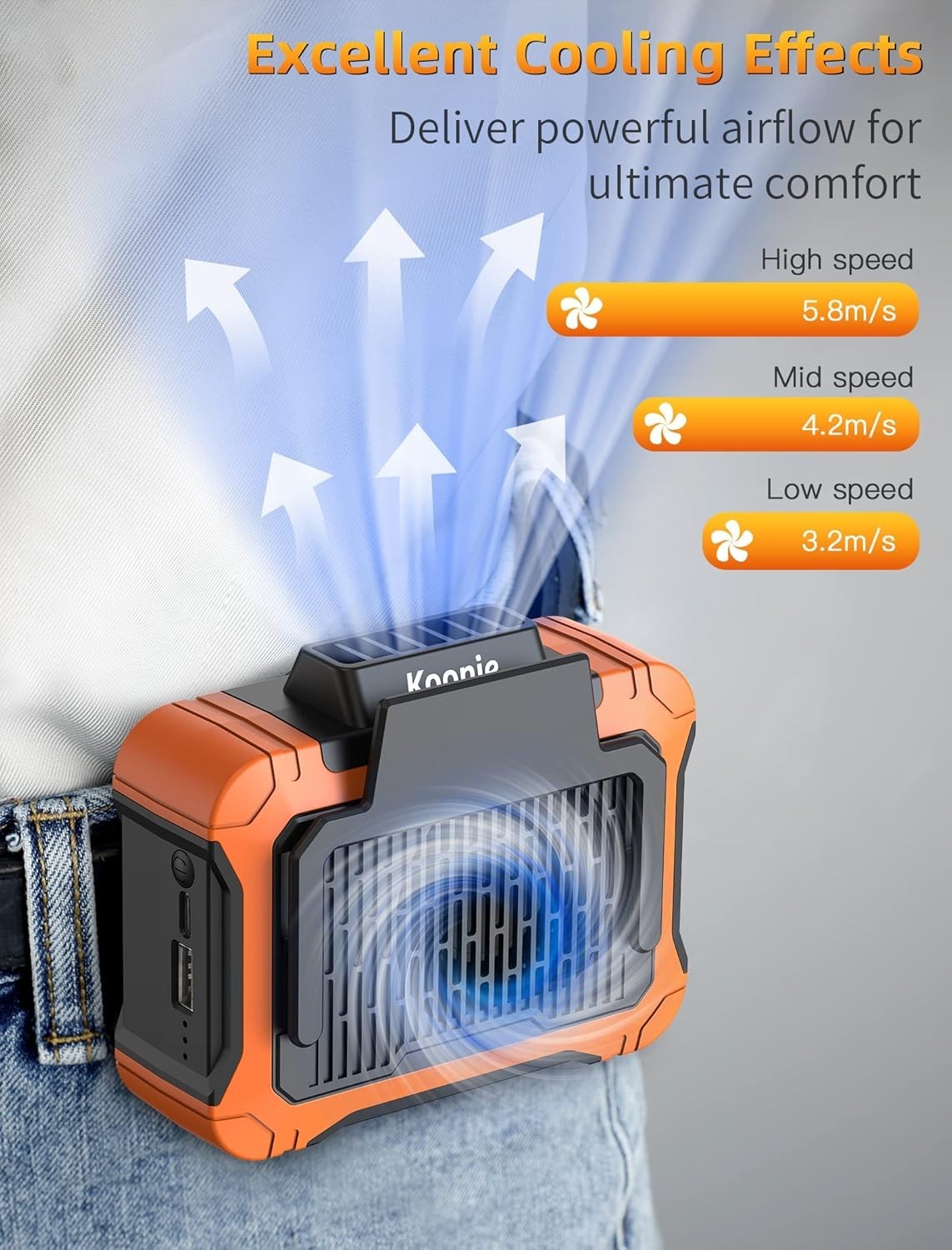 Koonie 10000mAh Waist Clip Fan with Solar Panel 30H Working Flashlight & Charger