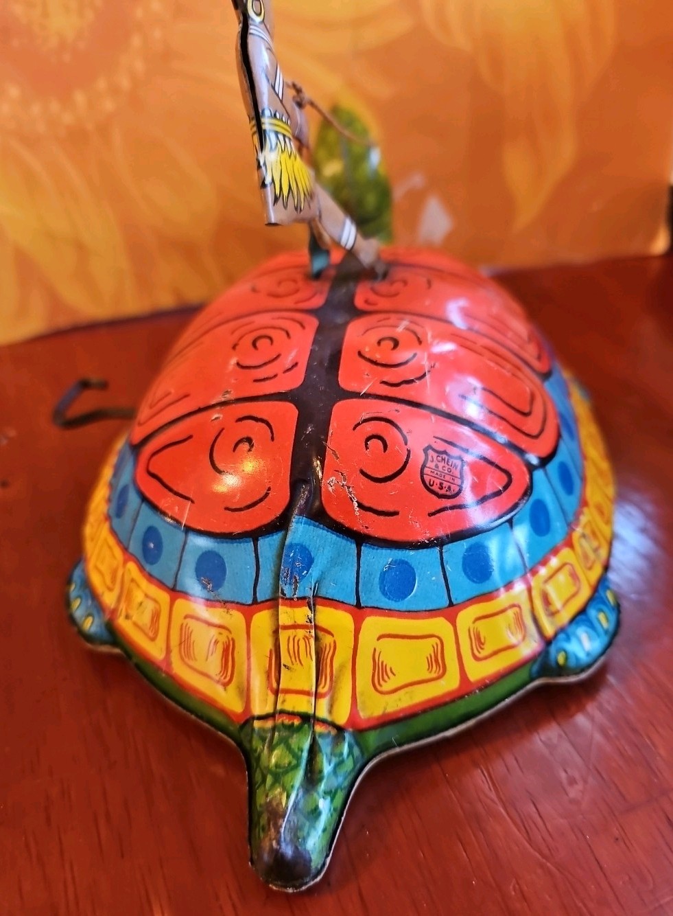 Vintage Antique Tin Toy Wind Up Chein Person Rides Giant Turtle Tortoise Display