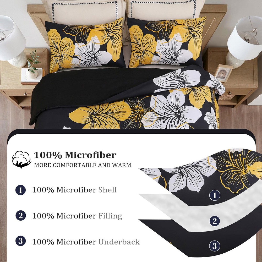 Queen Comforter Set Black/Gold Floral Bedding Comforter Sets Soft Microfiber ...