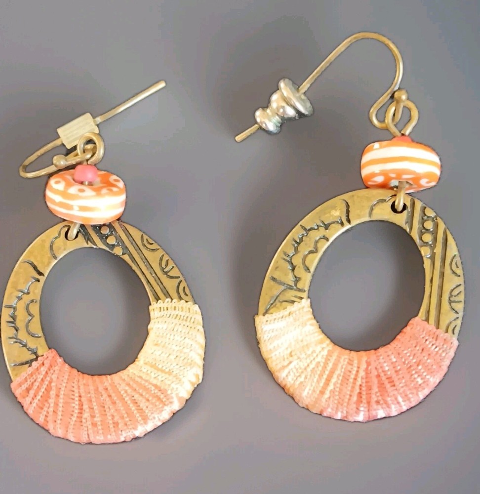 Mixed Media Stamped Patern With Thread Dangle Earrings