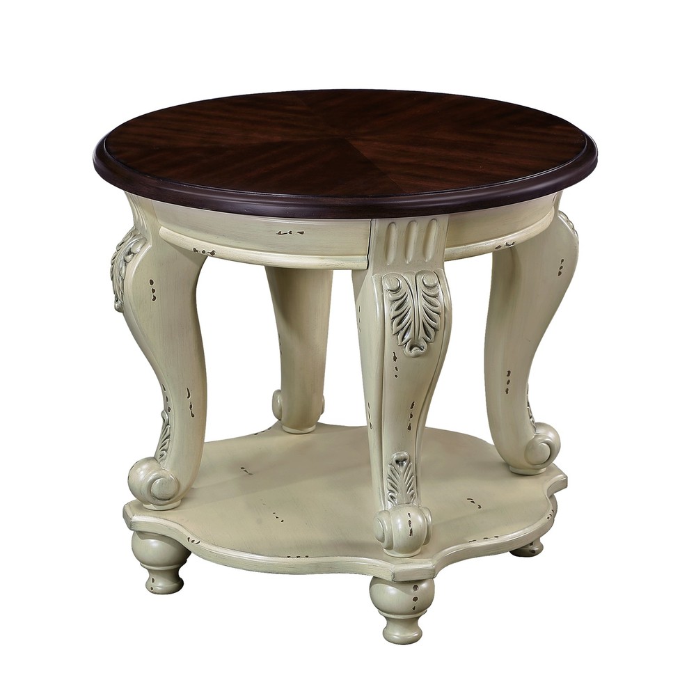 22'' Two Tone Round End Table,Solid Wood Sofa Side Table with Shelf,Living Roo