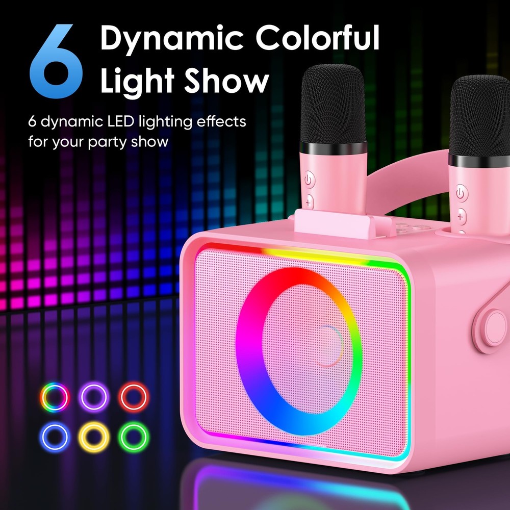 Karaoke Machine,Portable Bluetooth Speaker with 2 Wireless Microphone Pink