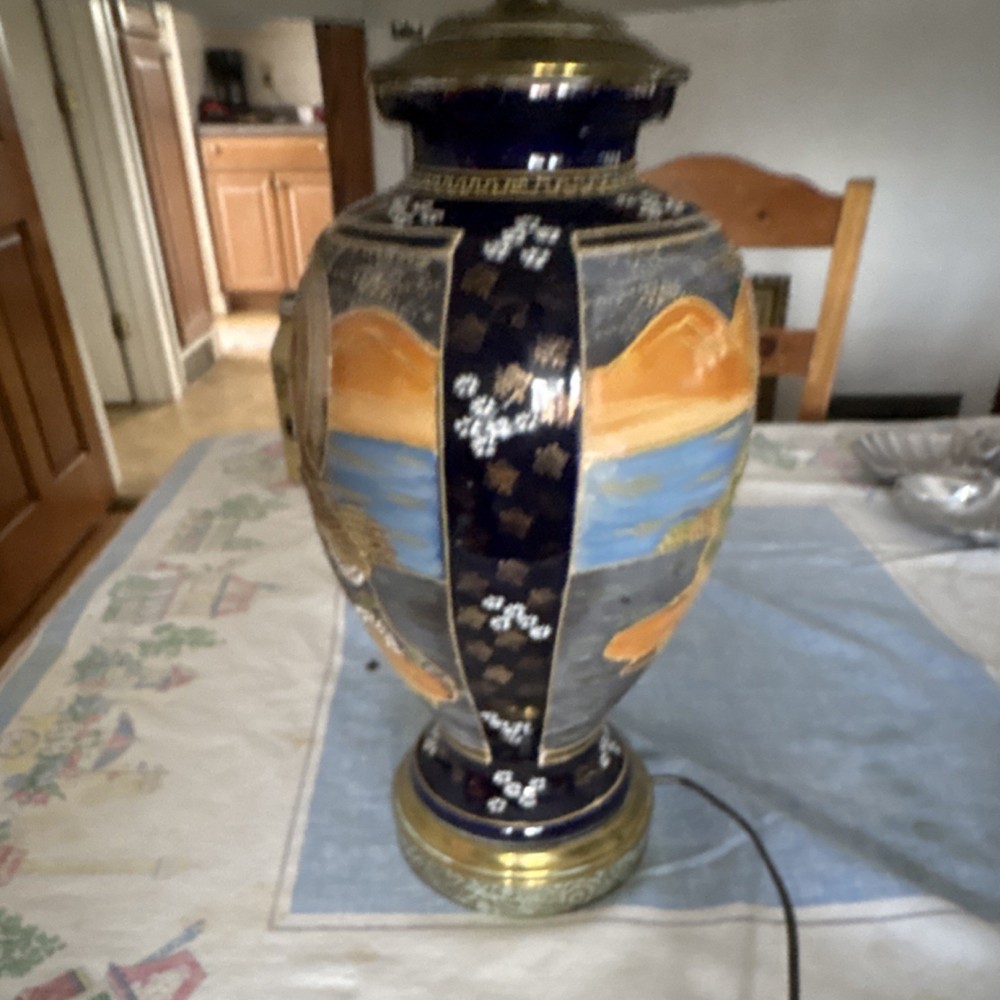 Asian Pattern Multicolor Painted Ceramic Table Lamp with Shade and Switch