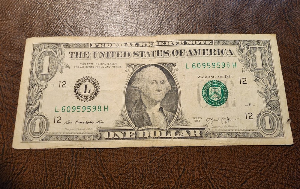 "INSUFFICIENT INK SERIAL # ERROR" 2013 $1 BANKNOTE ERROR #L6095959_ MISSING NUMB