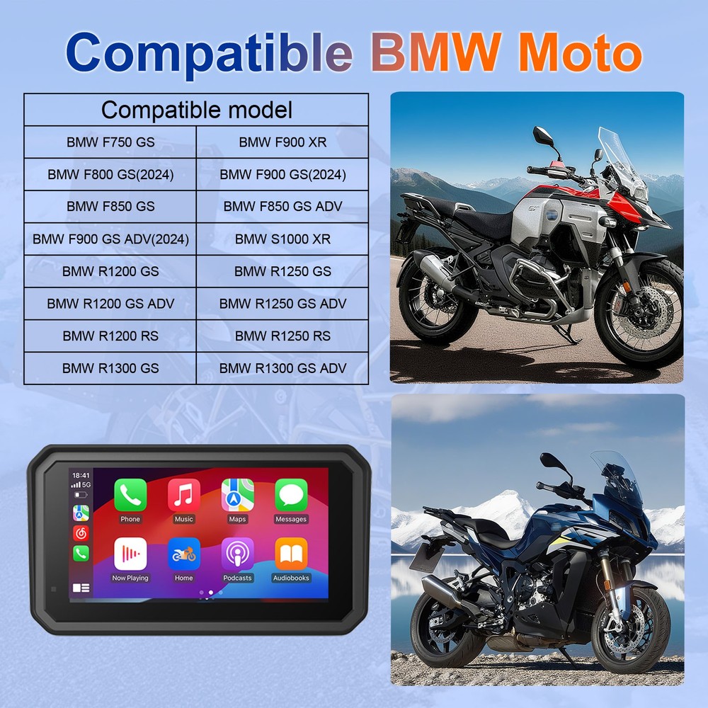 for BMW Motorcycle CarPlay & Android Auto Dual Bluetooth, 6" Waterproof Screen