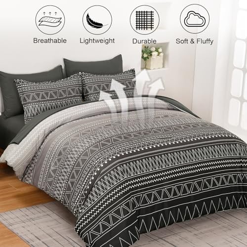Boho Comforter Set Queen Size 7 Piece Stripe Gradient Queen 90“×90” Black Grey