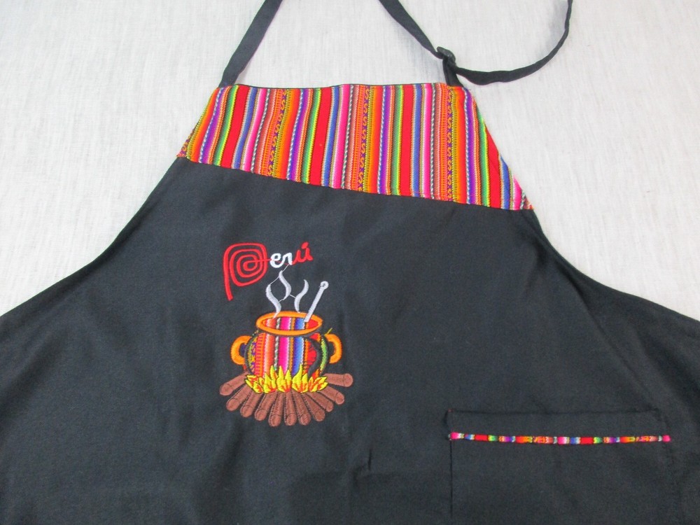 Peru Peruvian Design Kitchen Apron Black Chest Pocket Lightweight Neck Strap