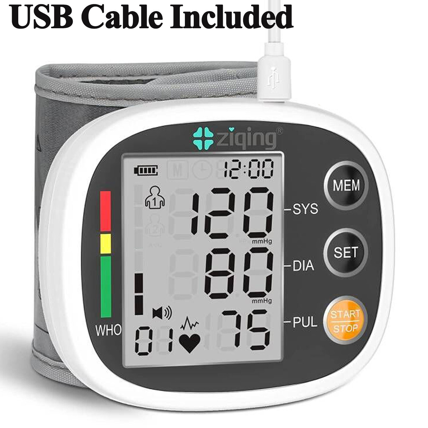ziqing Digital Wrist Blood Pressure Monitor BP Cuff LCD Heart Rate Machine US