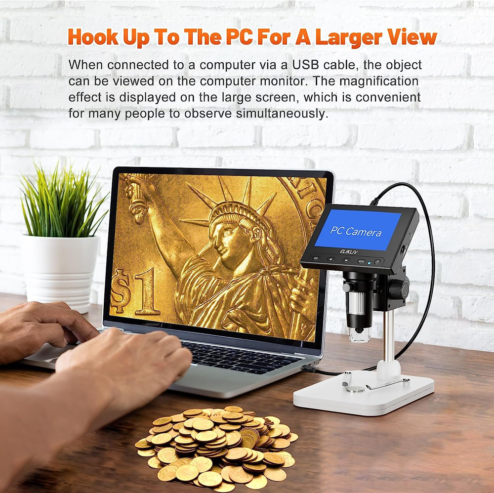 Microscope, LCD Digital Coin Microscope 1000X, Coin Magnifier with 8 Adjustable