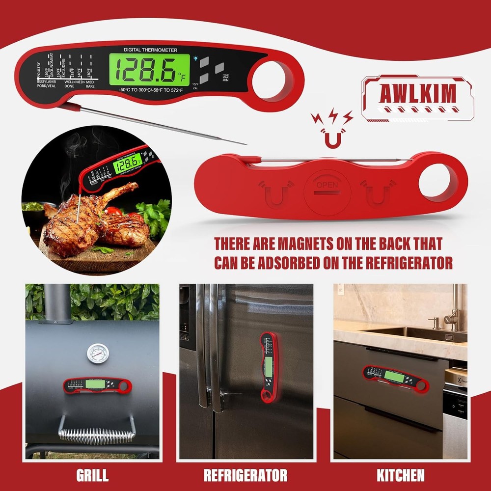 Digital Instant Read Meat Thermometer Waterproof Backlight Red Kitchen Use