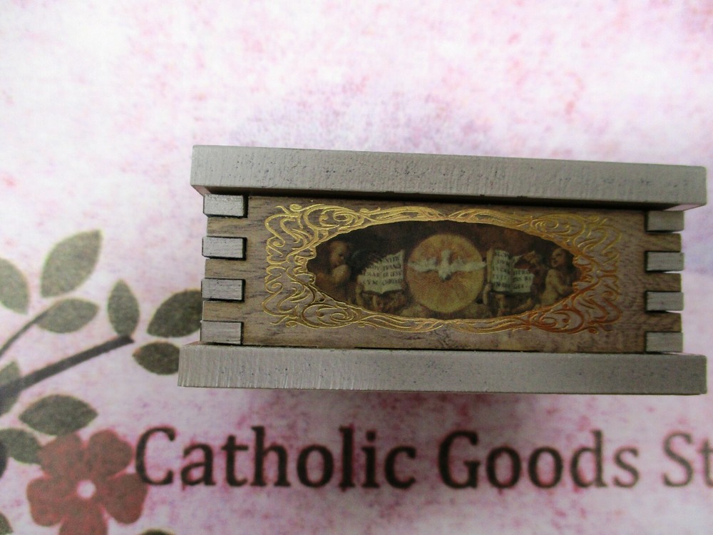 2" x 2 1/2" Wooden Gold Embossed - Felt Lined - Holy Spirit Rosary Keepsake Box.