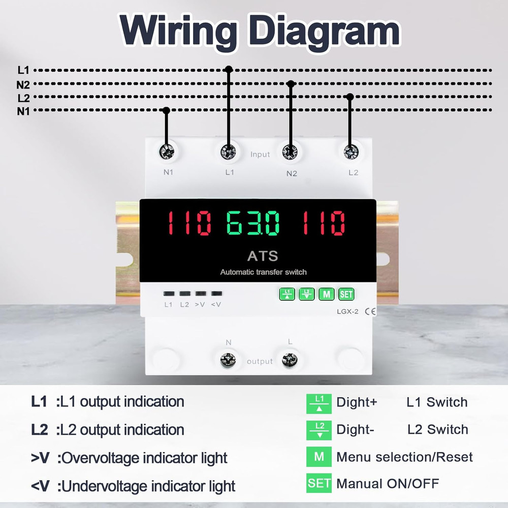 63A 110V Automatic/Manual Transfer Switch, Dual Power Selector with LED Display,