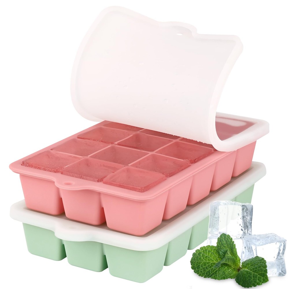 HUAKENER 2 Pack Silicone Ice Cube Tray, Medium Size Medium, Pink+Green