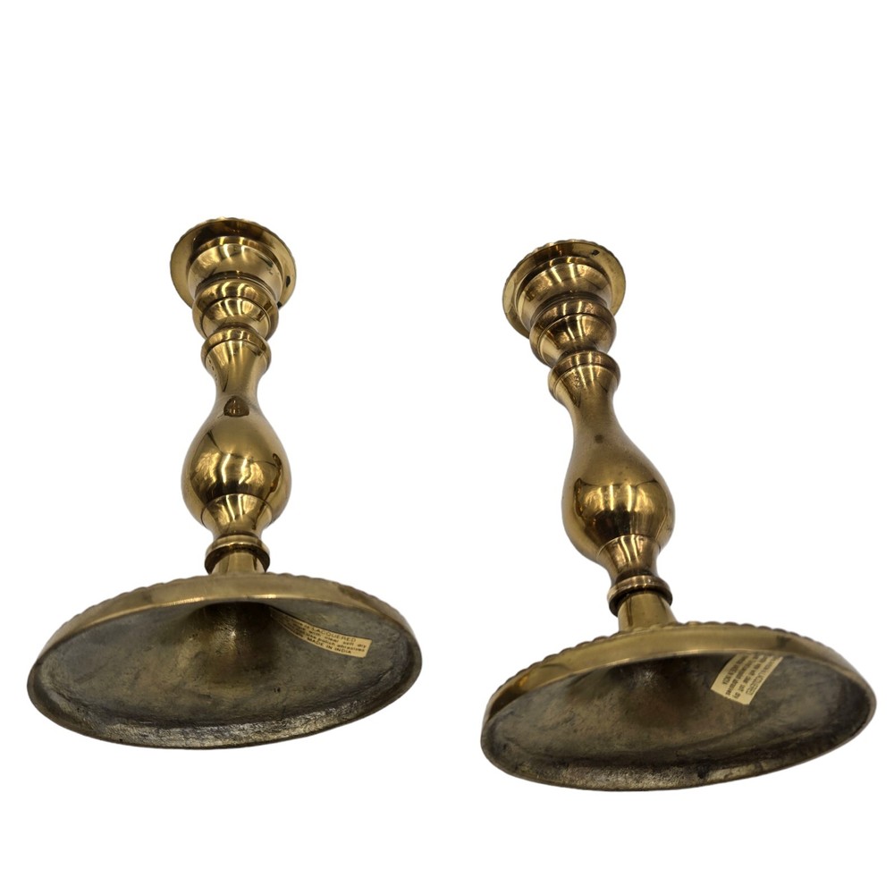 Brass Candlestick Set Oval MCM Traditional Goldtone Lacquered Holder Pair