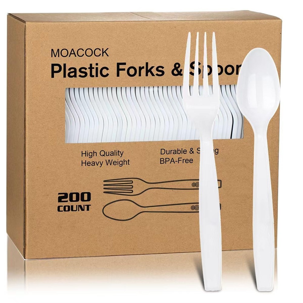 MOACOCK 200 Count White Plastic Silverware, Heavy 100forks100spoons,