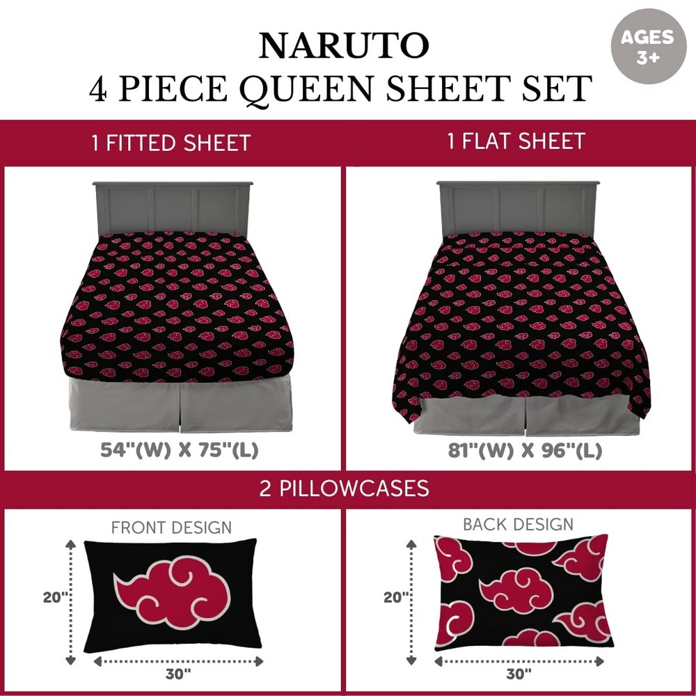 Naruto Akatsuki Anime Bedding Super Soft Microfiber Queen Sheet Set
