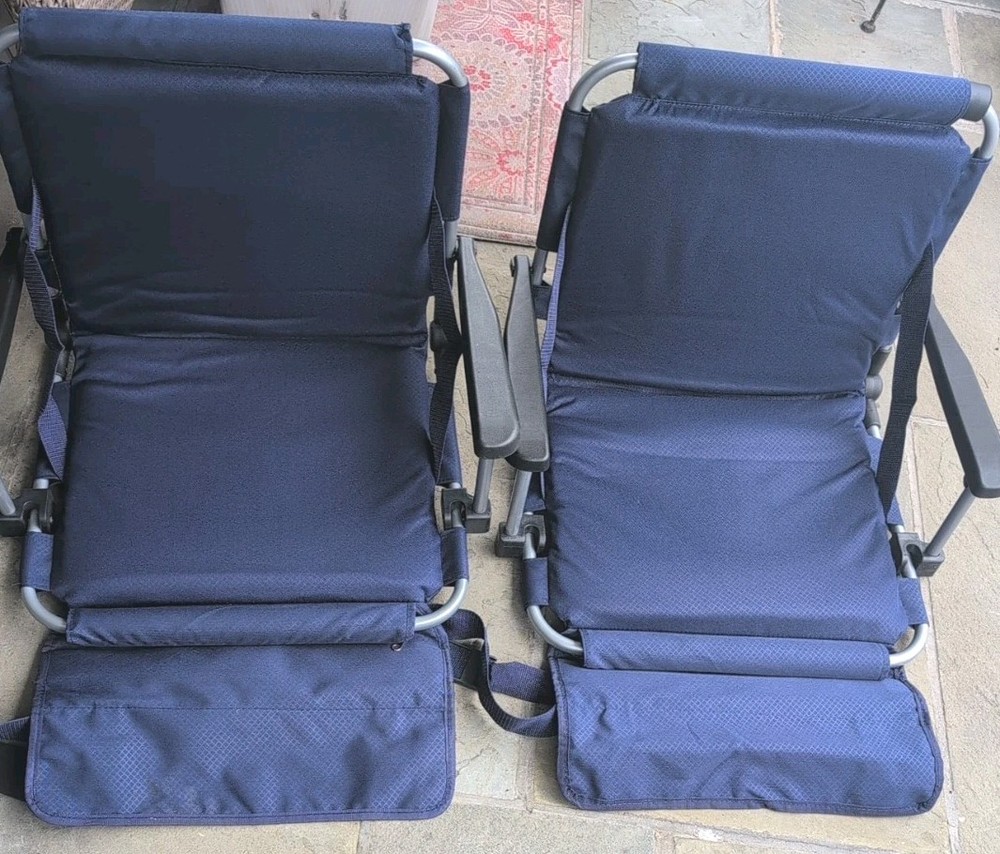 2 Folding Bleacher Or Stadium Seats Blue W/Back Rest wPocket Never Used/Open Pkg