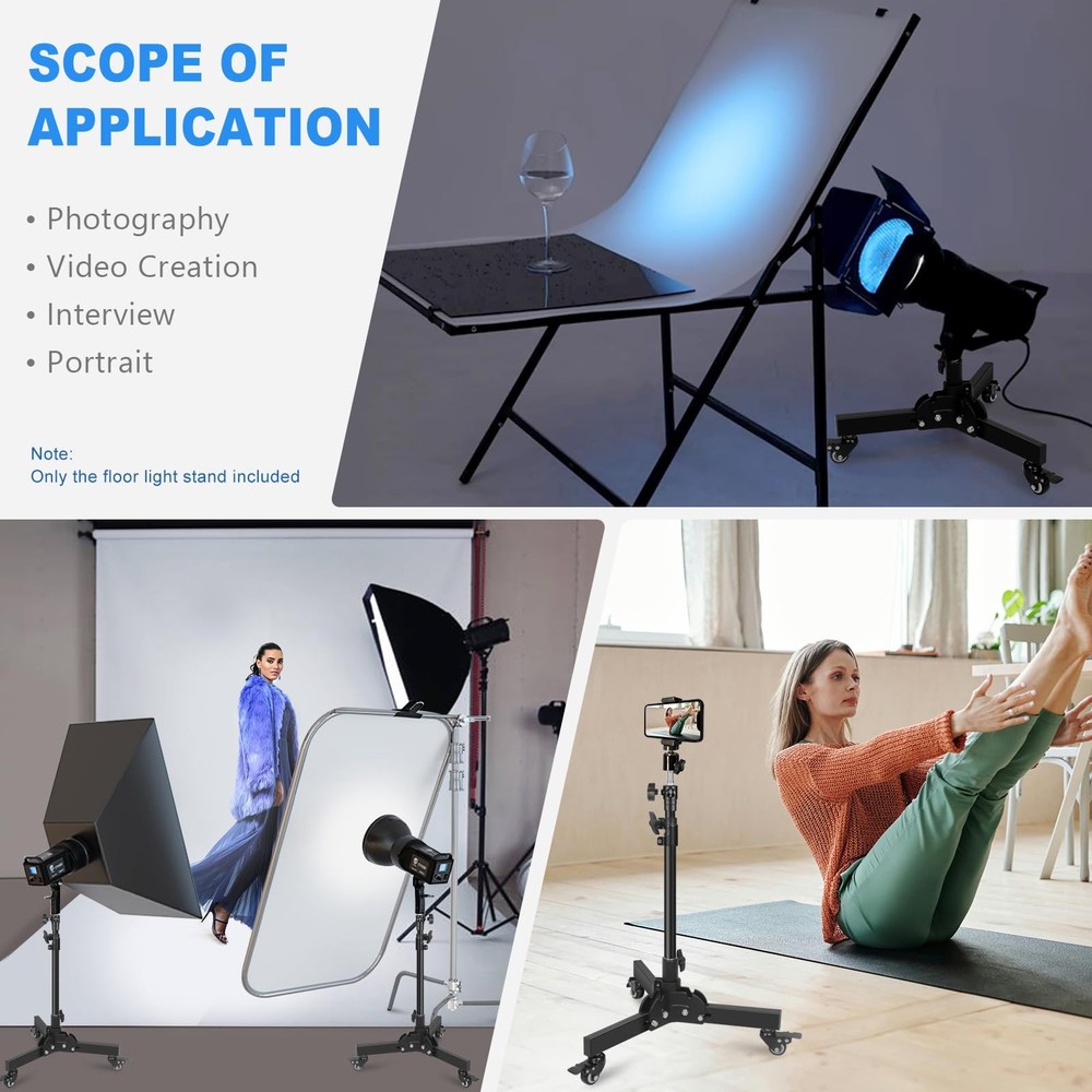 Short Floor Light Stand with Casters, 23.8-32.9" Removable Foldable Rolling S...