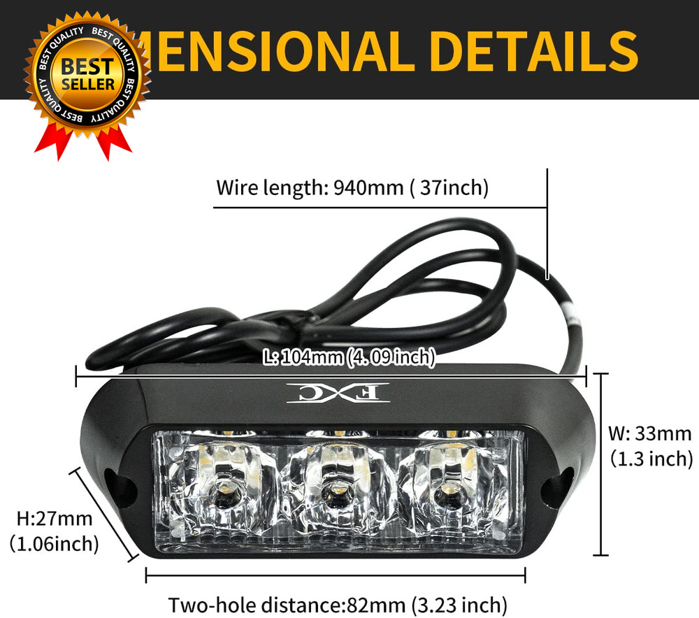 (2PCS 3-LED Strobe Lights Amber Waterproof Emergency Beacon Flash