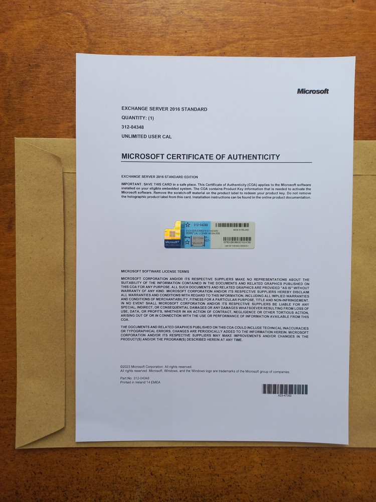 Microsoft Exchange Server 2016 STANDARD Retail Unlimited CAL CoA Authentic