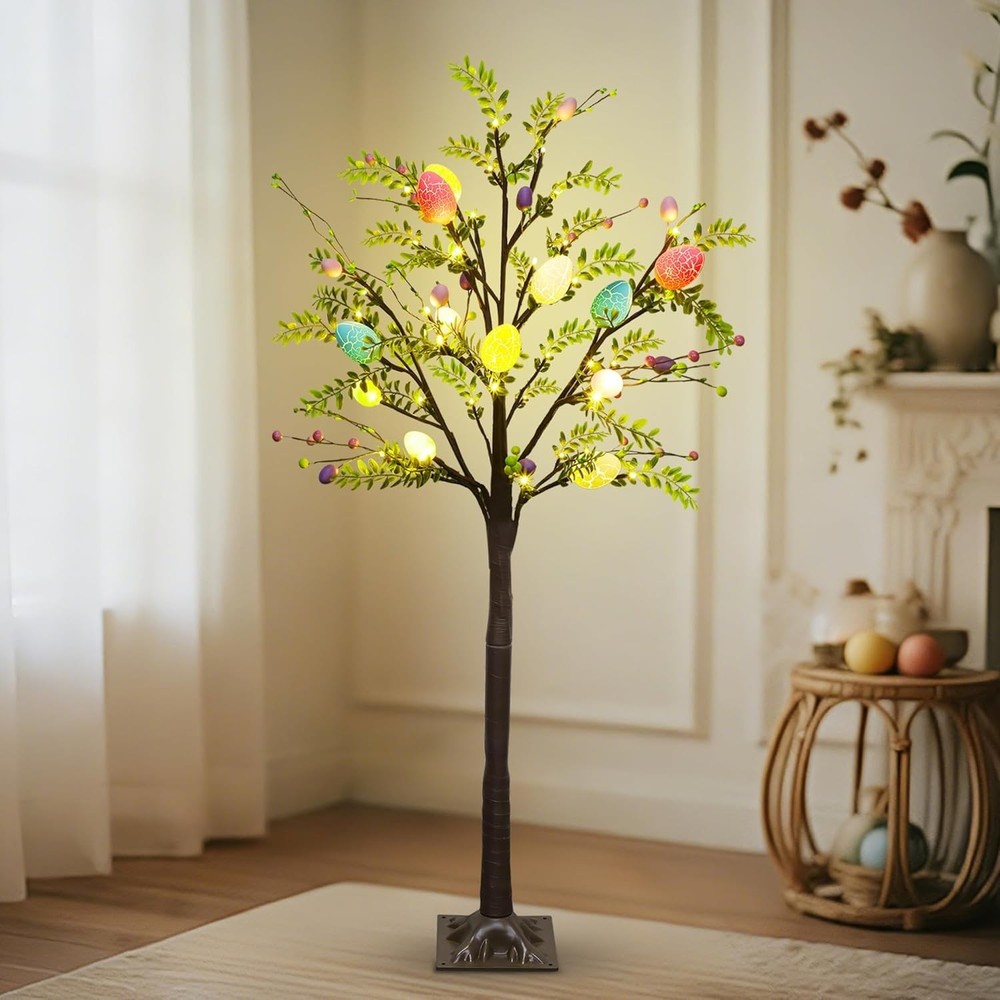 4FT Lighted Easter Tree with Timer, Pre-Lit Artificial Egg Trees with Co