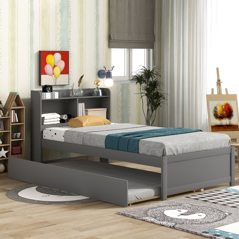 Twin Bed with Trundle Bookcase Grey