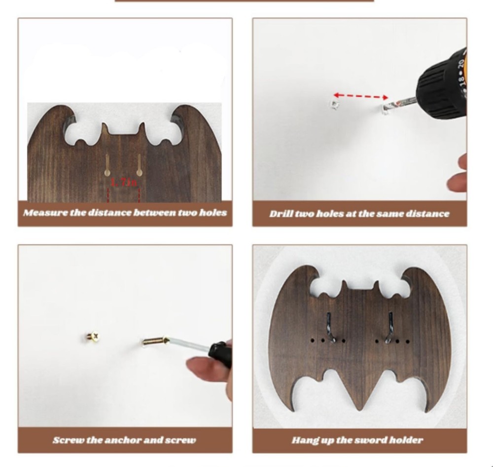 Walnut Solid Wood Sword Wall Rack - Bat-Shaped Wall Mount Storage Display Sta...