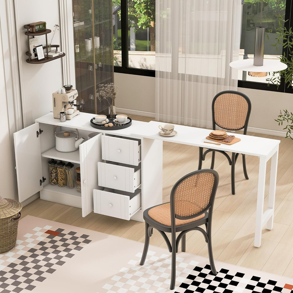 Rustic White Buffet Sideboard with Extendable Table & Adjustable Shelves