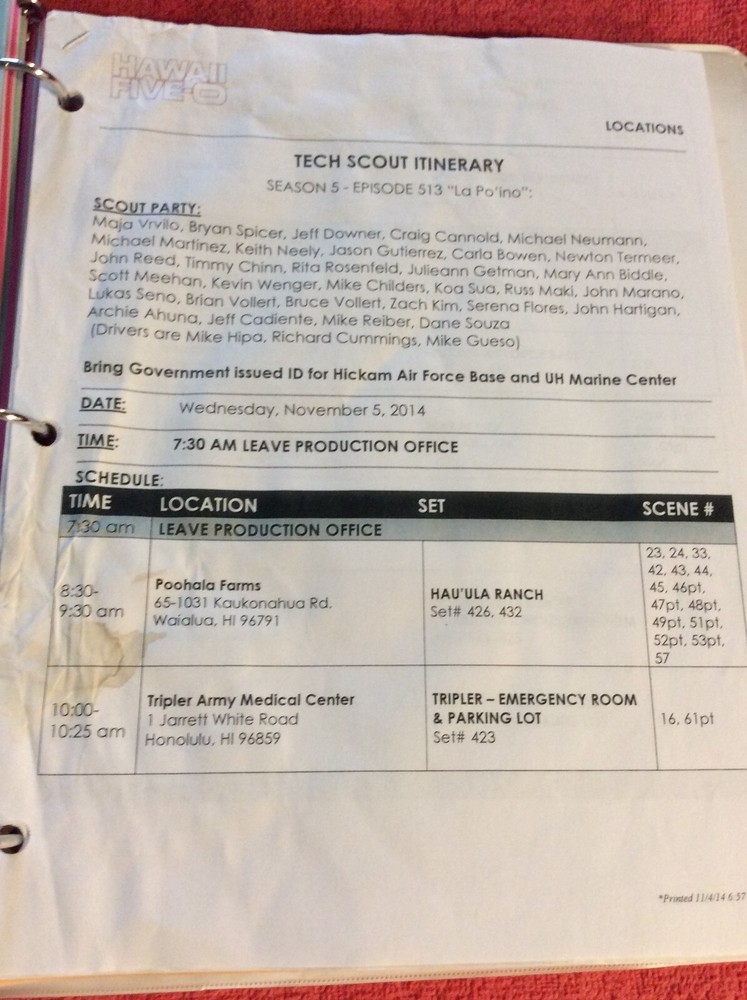 HAWAII FIVE-O ORIGINAL SCRIPT 513 SCHEDULE 2014 LA PO'INO DANIEL DAE KIM