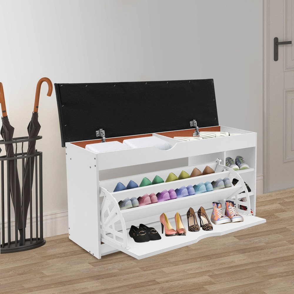 Space-Saving Triple-Fold Shoe Rack with Bench, Warm White, Entryway Storage
