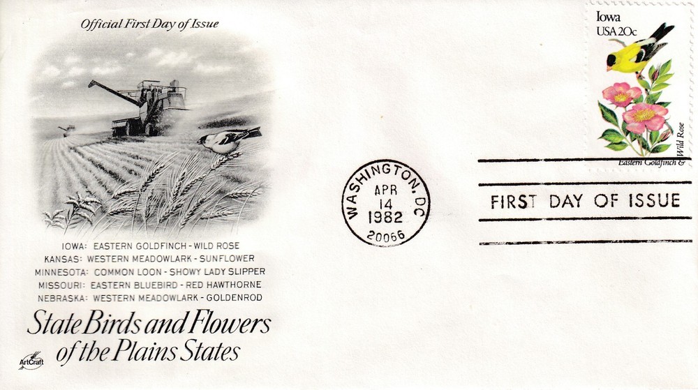 STAMP US SCOTT 1967 "Iowa-Eastern Goldfinch" 20 CENT 1982 FDC - A