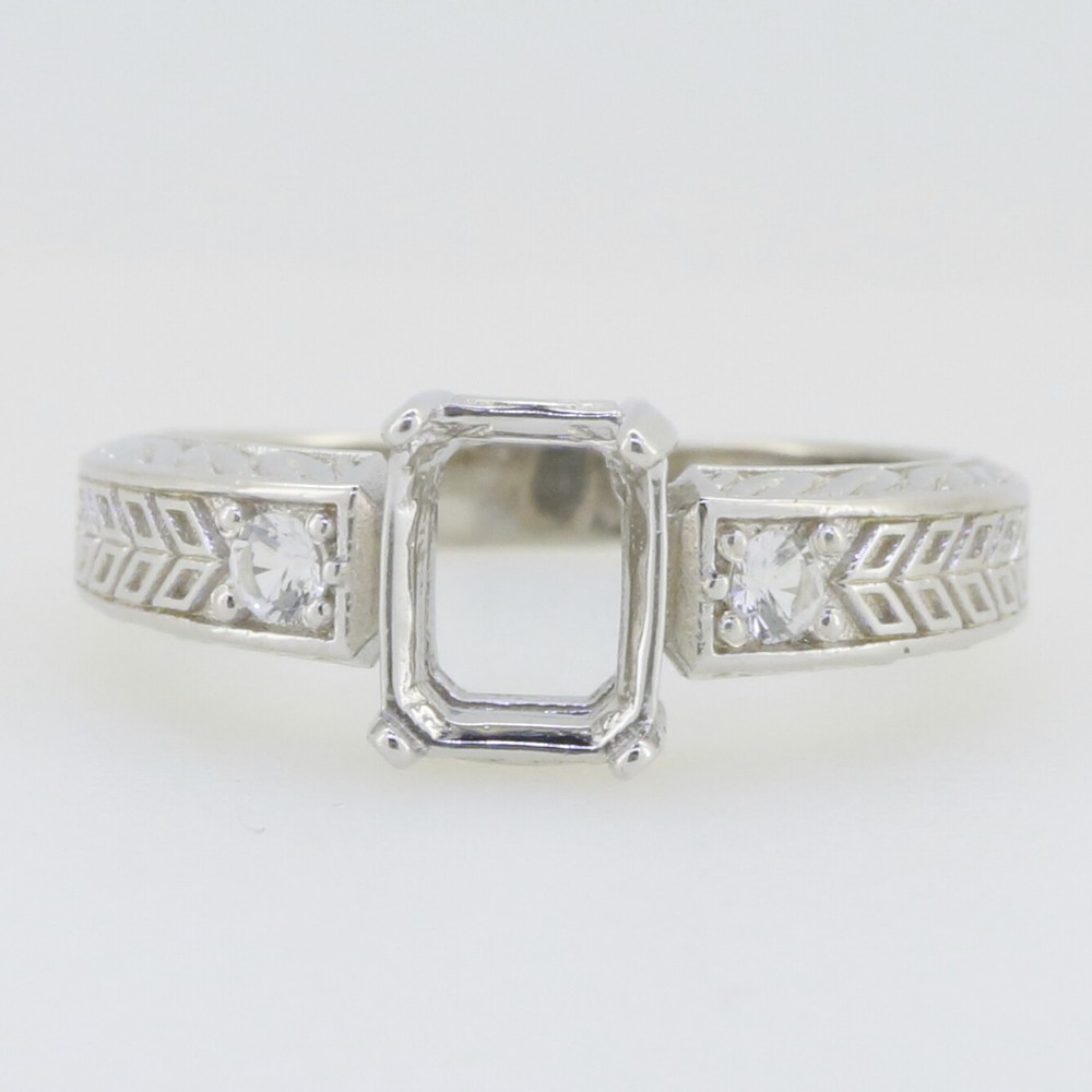 Sterling Silver Semi Mount Ring Setting Emerald OCT 8x6mm Art Deco Style