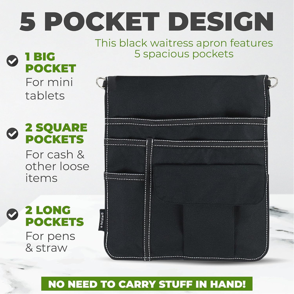 Waitress Apron with 5 Pockets - Black Server Apron with Adjustable/Removable Wai
