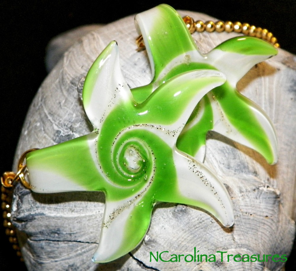 MURANO GLASS CEILING FAN LIGHT SWITCH PULL STAR STARFISH GREEN WHITE LARGE PAIR