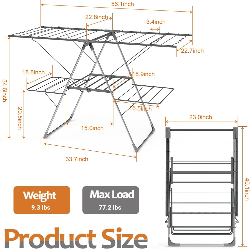 Clothes Drying Rack Foldable 2-Level Stainless Steel Portable Laundry Rack