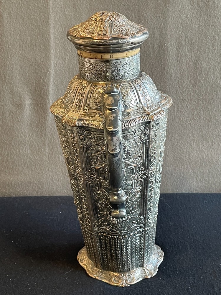 Silver Plate Cocktail Shaker Scenic Repousse, E G Webster & Son, Dutch Windmill