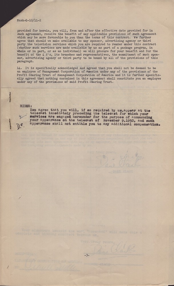 DANE CLARK - CONTRACT SIGNED 10/23/1950