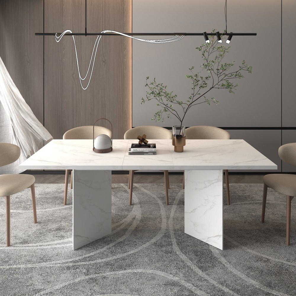 Extendable White Dining Table for 10 People Modern Faux Marble Rectangular Table