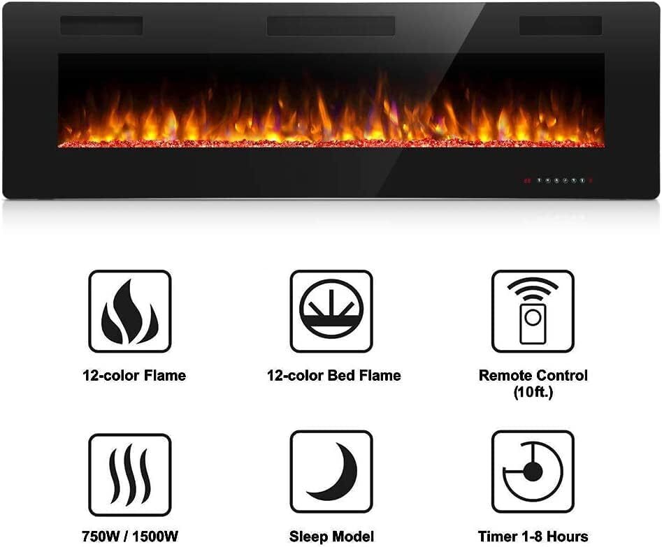 60 Inch Electric Fireplace in-Wall Recessed, Multicolor Flame, Timer, & Remote