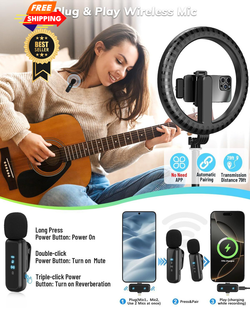 Yeaki Vlogging Kit for iPhone/Android - 10" Selfie Ring Light with 74"...