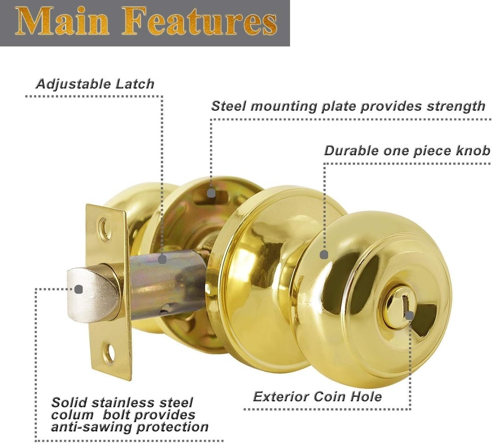 Classic Polished Brass Door Knobs, Keyless Locksets, 3 Pack