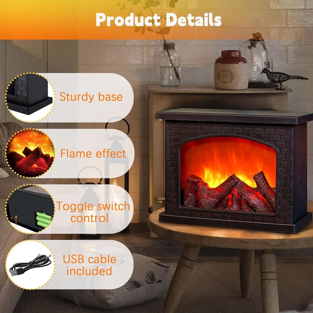 Chic Black Mini Fireplace with Realistic Flame Effect – Battery & USB Operated