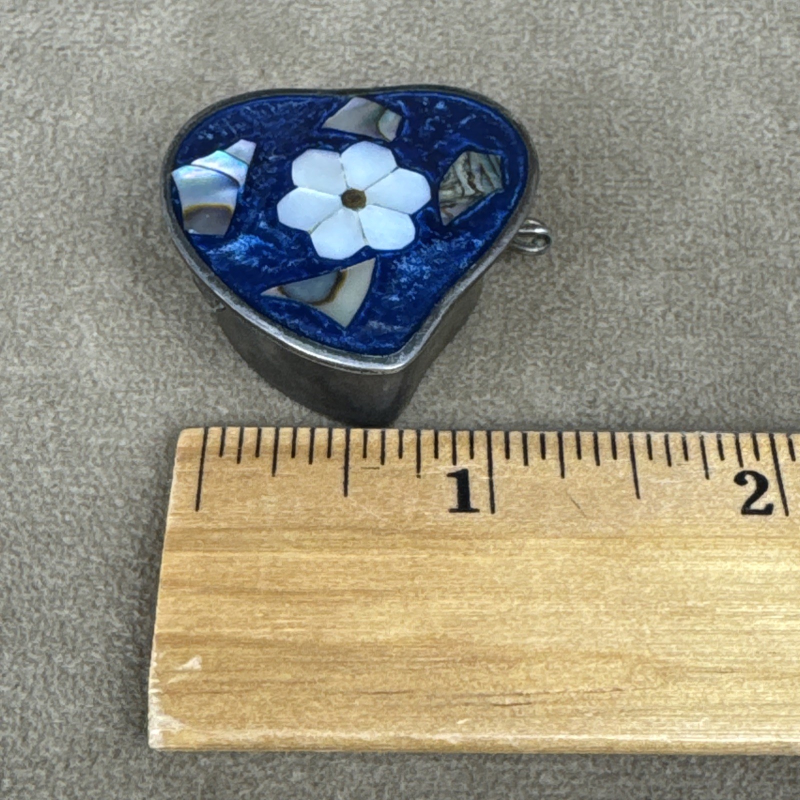 VTG Alpaca Mexico Silver Abalone Shell Inlay Pill Box Trinket-Flower Heart Daisy