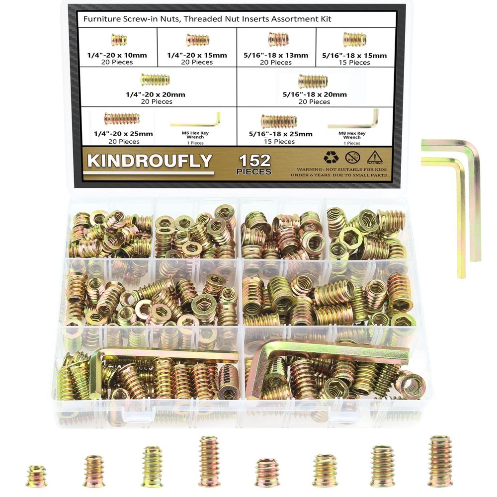 152 Pieces 1/4"-20, 5/16"-18 Threaded Inserts, Nut Inserts, Wood Inserts, Ste...