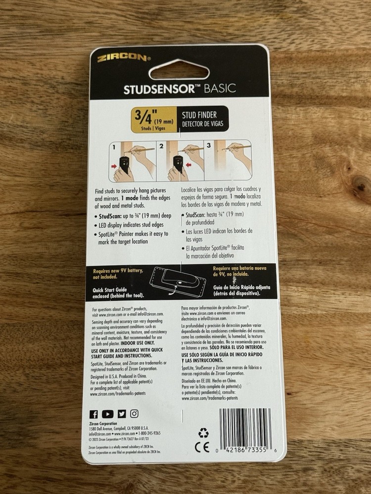 Zircon StudSensor Basic SL Stud Finder Wood & Metal Studs 3/4" Deep Scan