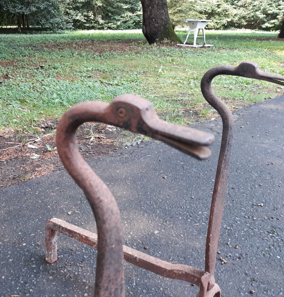 Pair Antique Wrought Iron Duck Form Andirons