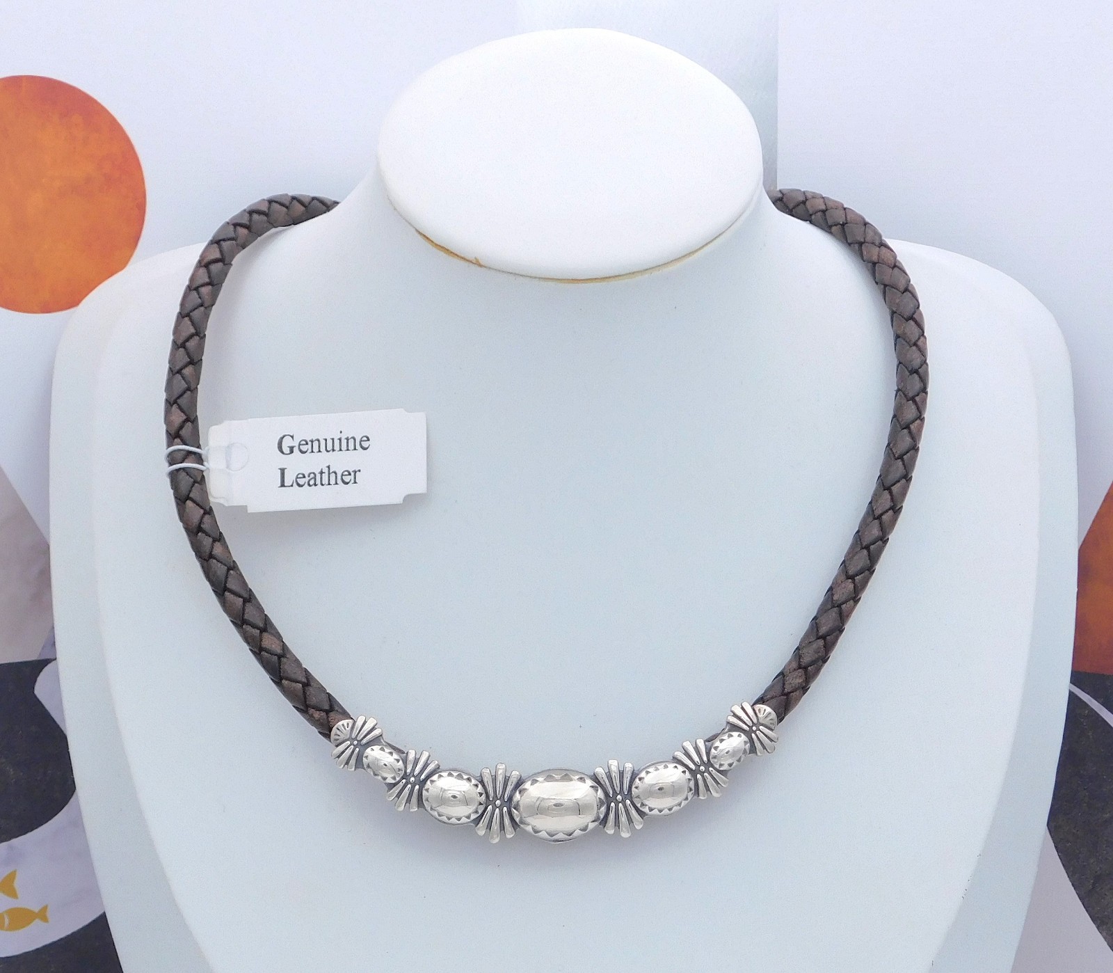 RARE! Carolyn Pollack American West Sterling Brown Leather Plaque Necklace 21"