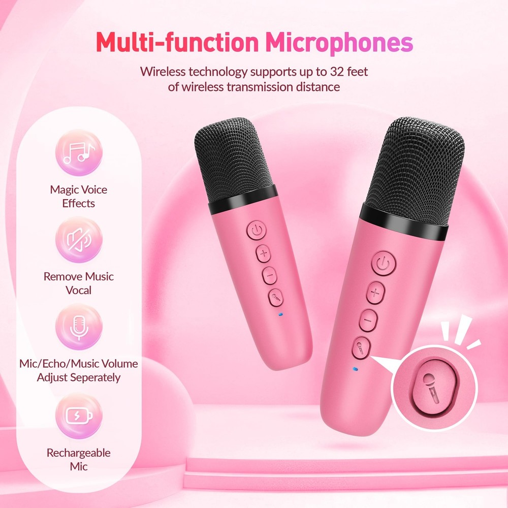 Portable Karaoke Machine with 2 Wireless Microphones & Party Lights